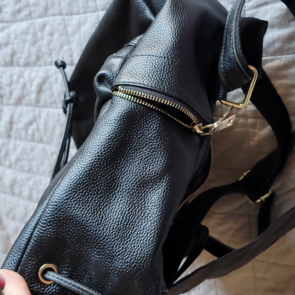 EUC Black Pebbled Leather w Gold Backpack - Picture 6 of 14